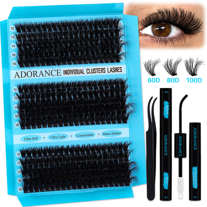 ✨ADORANCE 300PCS 60D+80D+100D D Curl 3D Lash Clusters Kit with Bond & Seal