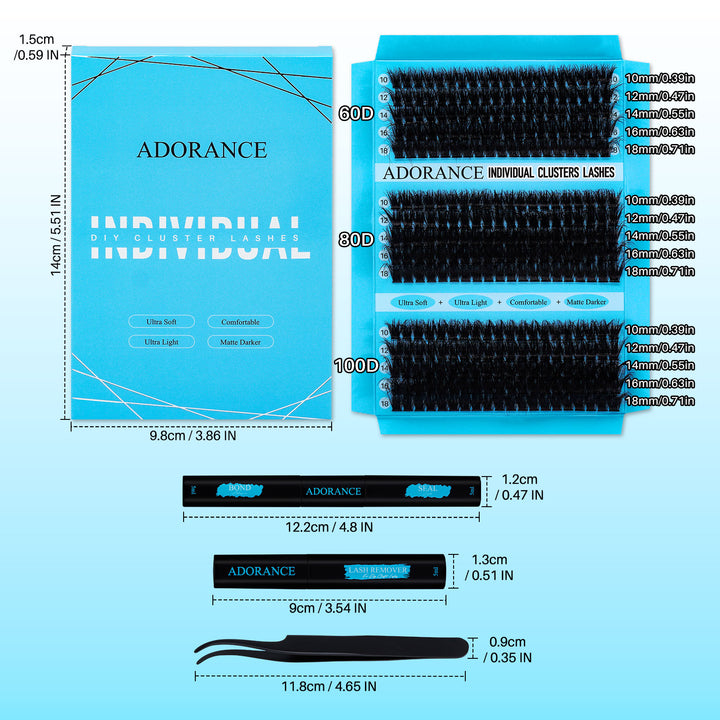 ✨ADORANCE 300PCS 60D+80D+100D D Curl 3D Lash Clusters Kit with Bond & Seal