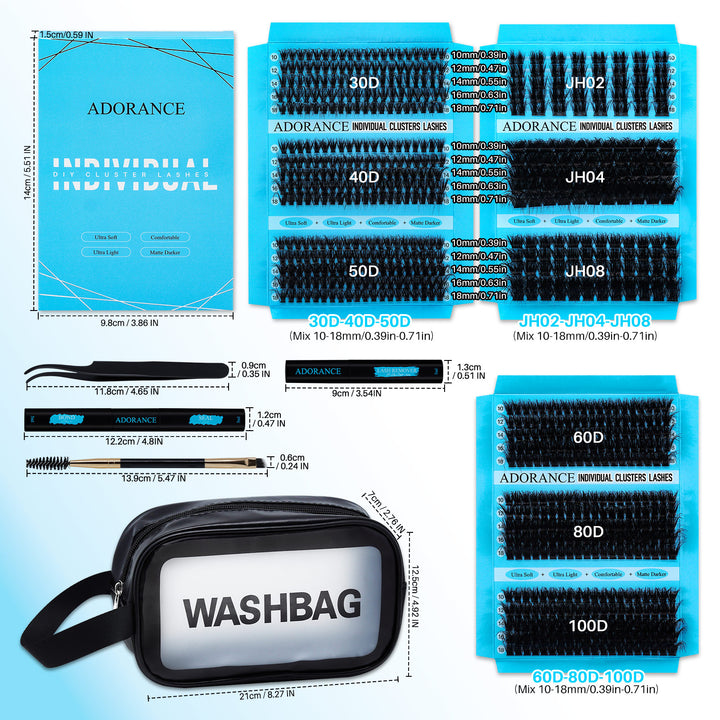 ✨ADORANCE 9 Styles D Curl Lash Clusters Kit with Bond & Seal & Travel Bag