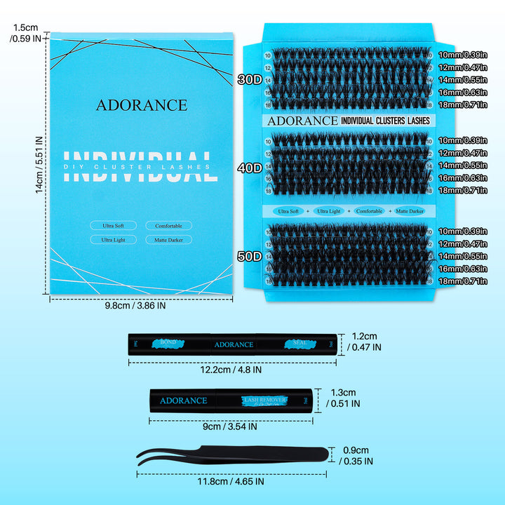 ✨ADORANCE 300PCS 30D+40D+5D D Curl 3D Lash Clusters Kit with Bond & Seal