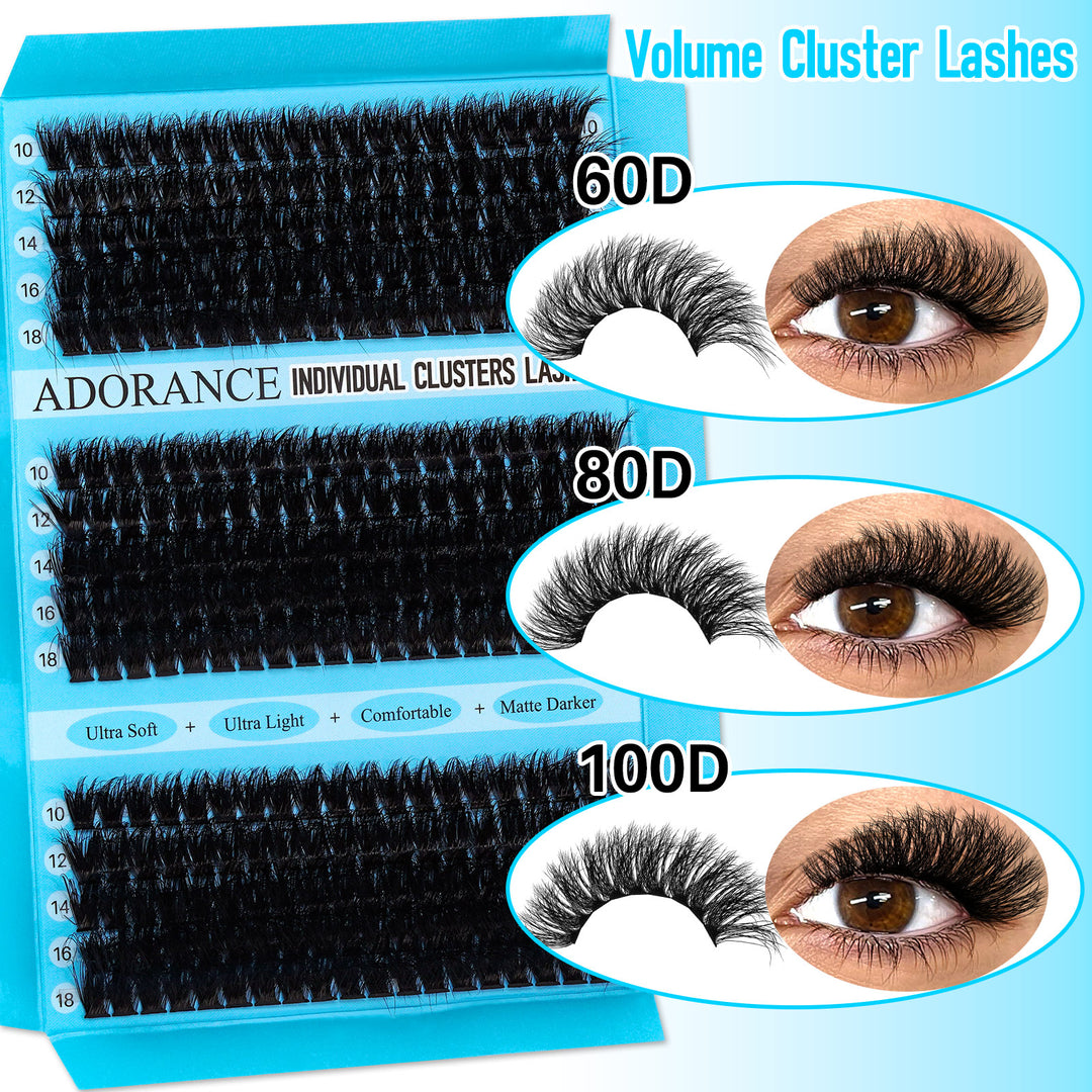✨ADORANCE 300PCS 60D+80D+100D D Curl 3D Lash Clusters Kit with Bond & Seal