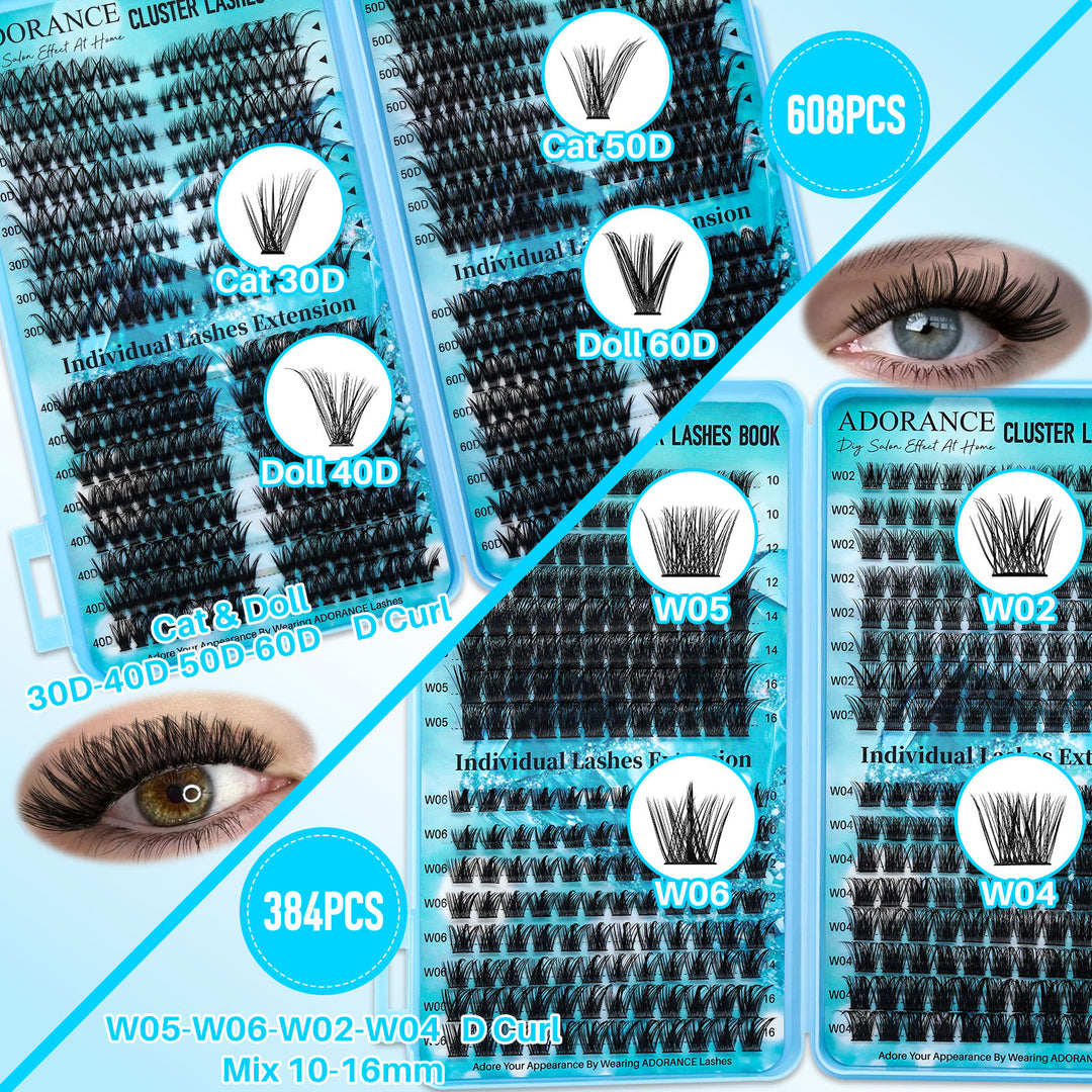 ✨ADORANCE 2208PCS D Curl Lash Clusters – 15 Style Mega Volume Kit